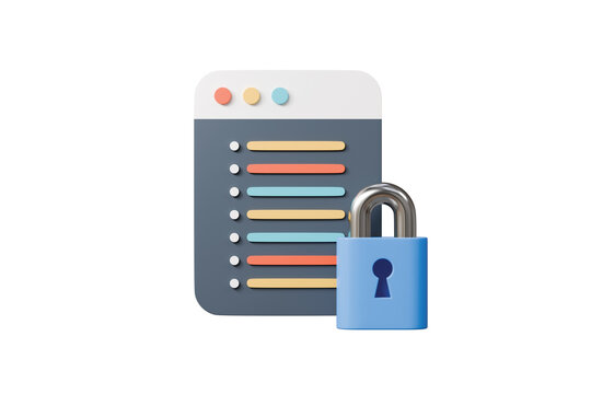 3d secure website checklist with padlock icon. cyber security concept. minimal cartoon browser window dashboard lock for web banner hero. isolated on white background. 3d render.