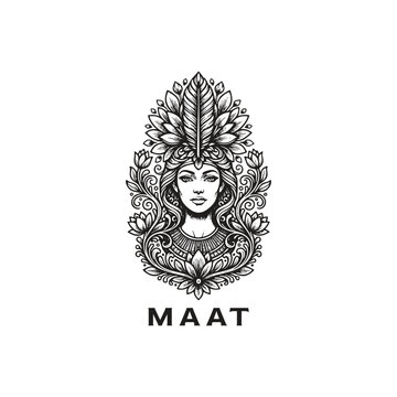 Ancient Egyptian goddess Maat illustration with a sacred feather crown and ornate floral patterns in vintage engraving style