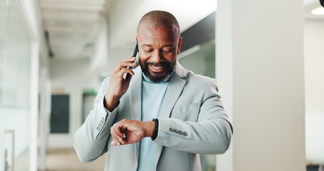 Black man, business and checking watch with phone call for time, schedule or appointment in office. Happy, businessman and talking with mobile smartphone or wristwatch for reminder or work deadline