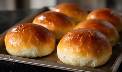 Some freshly baked hamburger buns, empty, still in a baking tray, shiny and golden from brushed melted butter, soft texture,