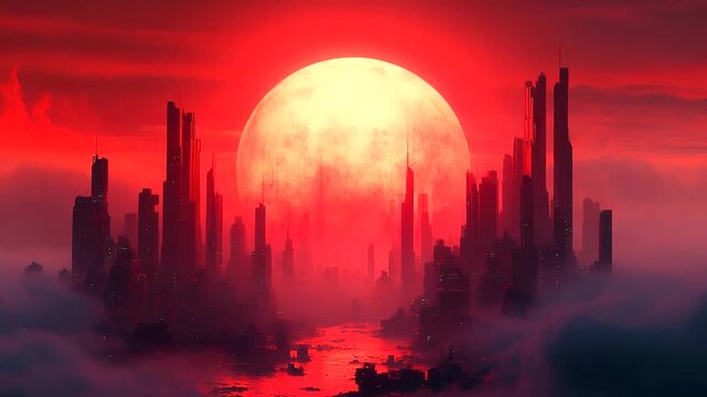 Futuristic cityscape under a red moon at dusk