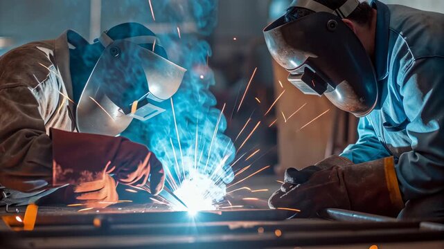 Workers welding metal in dim workshop concept. The scene highlights intense focus and sparks flying, showcasing craftsmanship.