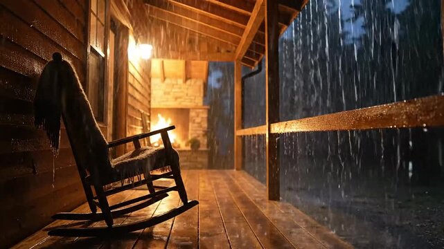 Evening Rain on a porch with the lighting and the rocking chair, Cozy and Relaxing Video