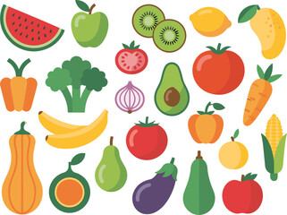 Assortment of Fresh Fruits and Vegetables on White Background food healthy