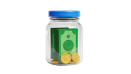 Clear Glass Jar With Blue Lid Filled With Stacked Green Banknotes And Gold Coins On Transparent Background Realistic 3D Render