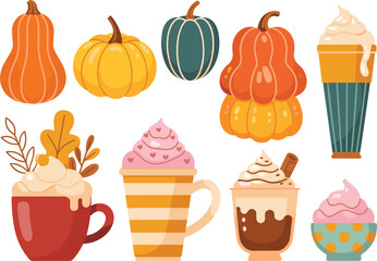 Autumn Harvest Pumpkins and Hot Drinks Collection Keywords: autumn, fall, pumpkin, squash, gourd
