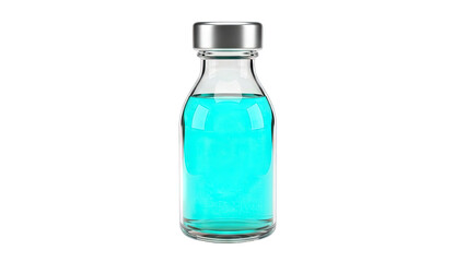 Clear Glass Vial With Vibrant Aqua Blue Liquid and Silver Cap Isolated on Transparent Background Pharmaceutical Medical Concept