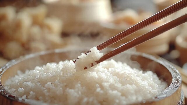 Steaming hot white rice being served with chopsticks from a traditional wooden bowl, a staple food in Asian cuisine.