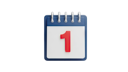 Close Up 3D Render Spiral Notebook Calendar Showing the Number One on a White Page with Blue Binding and Silver Rings Against a Transparent Background