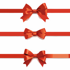 A collection of vibrant red ribbon bows arranged on a clean white background