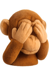 Cute brown plush monkey covering its eyes with hands.
