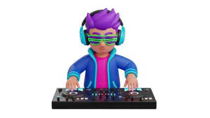 Cartoon Dj Character With Purple Spiky Hair And Headphones Wearing Blue Jacket And Neon Glasses Mixing Music On Dj Deck With Colorful Lights And Transparent Background