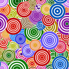 A vibrant and colorful seamless pattern of concentric circles fills the frame