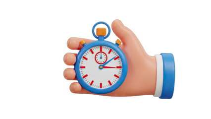 Cartoon Hand Holding A Blue Stopwatch With Orange Accents And Red Second Hand Showing Time Management And Timing In Transparent Background