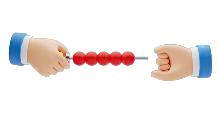 Cartoon Hands Manipulating Red Beads on a Metal Rod Against a Transparent Background Engaging in a Process