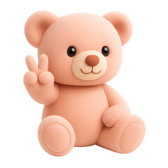 Cute clay teddy bear making peace sign with fingers.