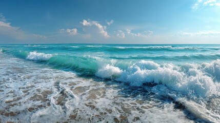 Obraz premium Ocean Waves Crashing on Shore: The image captures the dynamic energy of the ocean as waves break onto the sandy shore, creating a symphony of nature's beauty and power.