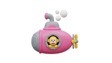 Cartoon Pink Submarine with a Cheerful Monkey Peeking Out the Window Underwater Scene