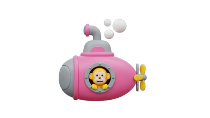 Cartoon Pink Submarine with a Cheerful Monkey Peeking Out the Window Underwater Scene
