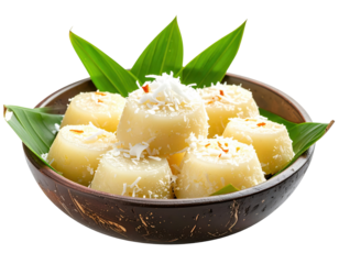 Maja Blanca in a Coconut Shell Bowl with Pandan Leaves and Coconut Flakes
