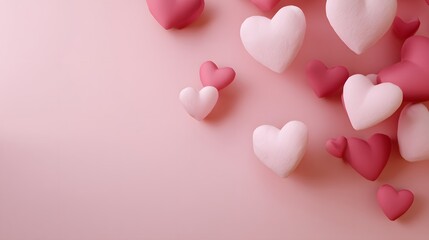 Pastel colors, light pink background, dark pink hearts of various sizes in the background