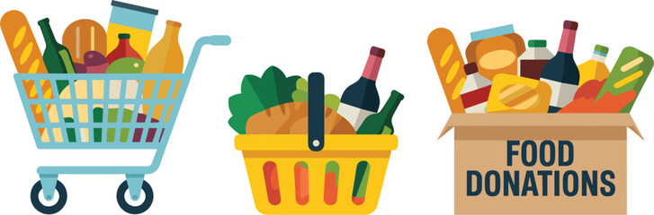 Grocery shopping cart basket and donation box filled with food Keywords: grocery, shopping, food