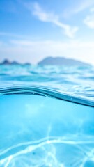 Turquoise water meets clear sky with distant island