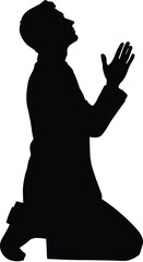 Kneeling person silhouette, prayer gesture, spiritual devotion, formal attire, black vector, symbolic pose, cad drawing flat vector illustration