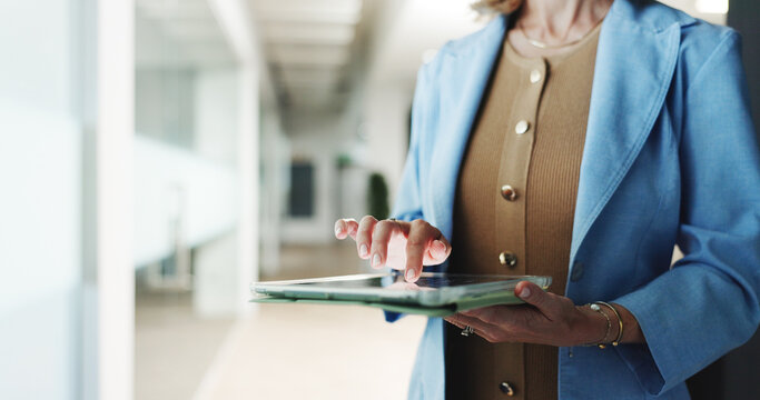 Scroll, app and hands with tablet, office and financial analysis for project, employee and research. Browsing, online and person with info for business growth, space and investment banker with tech - Powered by Adobe