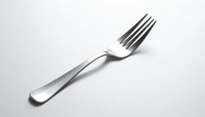 Gleaming fork, four tines, angled view, white backdrop