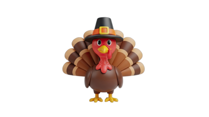 Cartoon Thanksgiving Turkey Wearing a Pilgrim Hat With Feathers Isolated On Transparent Background