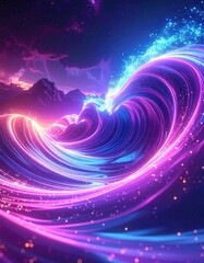 Cosmic wave of light swirling, mountains in distance