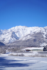雪景色の白馬村と北アルプス