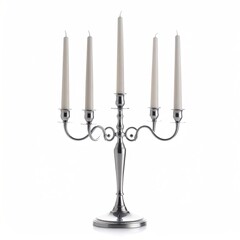 Ornate silver candelabra holds five lit, white candles