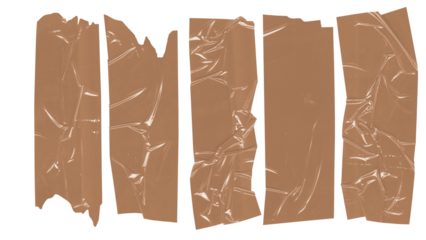 Brown adhesive tape strips, torn and crumpled, isolated on white background, showcasing texture and detail