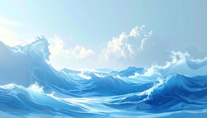Stylized blue ocean waves under sunny, cloudy sky