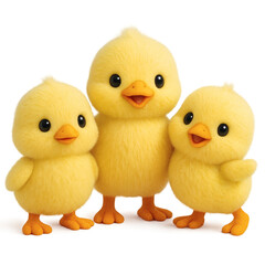 Three adorable fluffy yellow chick toys standing together looking cute and happy.