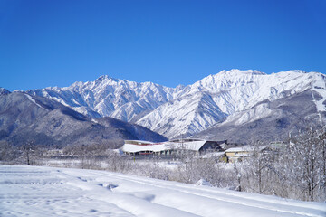 雪景色の白馬村と北アルプス