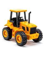 Yellow tractor toy isolated against white, angled view