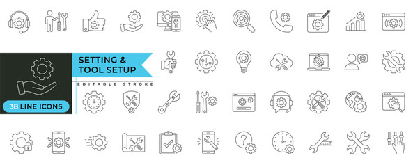 Tool setup line icon set with settings, configuration, maintenance, repair, development and system control symbols for ui, app and web design