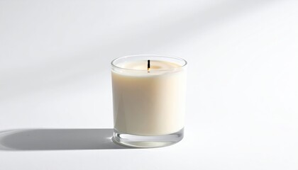 Lit candle in clear glass, minimal, white background, shadow