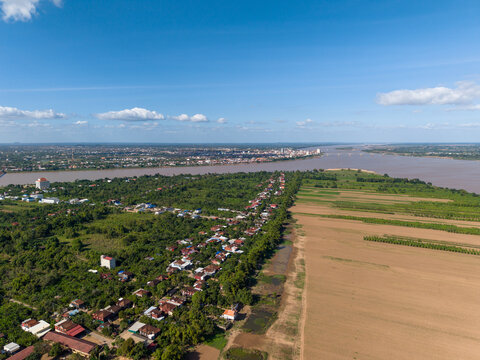 Koh Paen island overview by drone, Kampong Cham, Cambodia