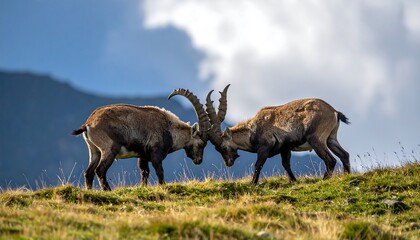Fototapeta premium Two ibex locking horns on a mountain meadow