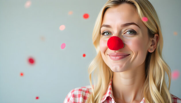 Blonde, lachende Frau mit roter Clownnase vor minimalistischem Hintergrund. Modernes, reduziertes Karnevalsmotiv mit humorvoller Ausstrahlung, das Leichtigkeit, Lebensfreude, Rheinland, k&ouml;lle, alaaf, 