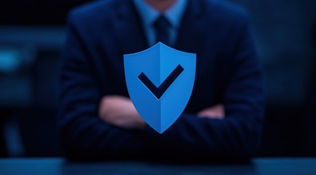 Blue security shield with check mark in front of business man in suit for protection and verification concepts cybersecurity and data privacy