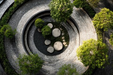 Aerial view of a layered garden design with circular stone pathways, trees, and stones