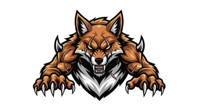 Fierce anthropomorphic wolf mascot with sharp claws and angry glowing eyes.