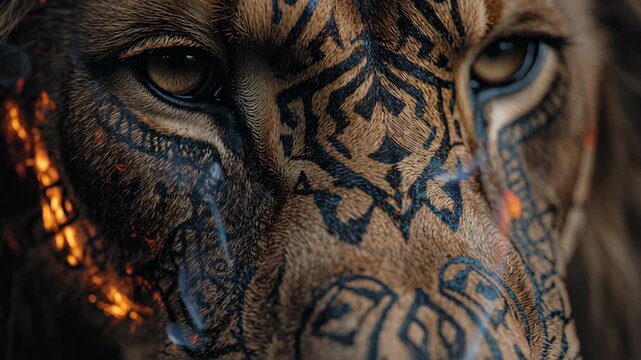 Lion king portrait in blazing fire concept. The intense gaze of a lion adorned with intricate patterns, illuminated by flames.