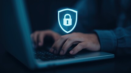 Cyber security concept person typing on laptop with digital shield and lock icon overlay for data protection and online safety measures