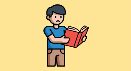 Young man looking confused while reading a book.